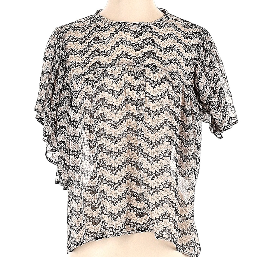 The Kooples 100% silk black and white floral flutter sleeve top